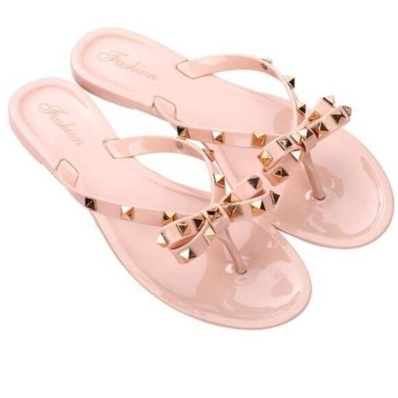 Fashion Jelly Sandals With Studded Bow Women's 7-8 (UK 37) Blush Color Casual Su - Picture 4 of 4